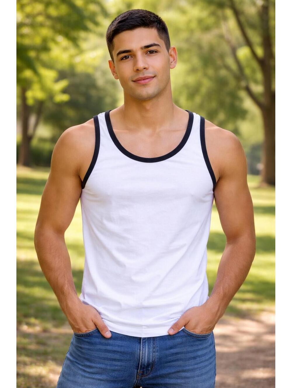 Canvas Men’s Small Tank Top White with Black Trim Sleeveless Cotton Blend - NEW